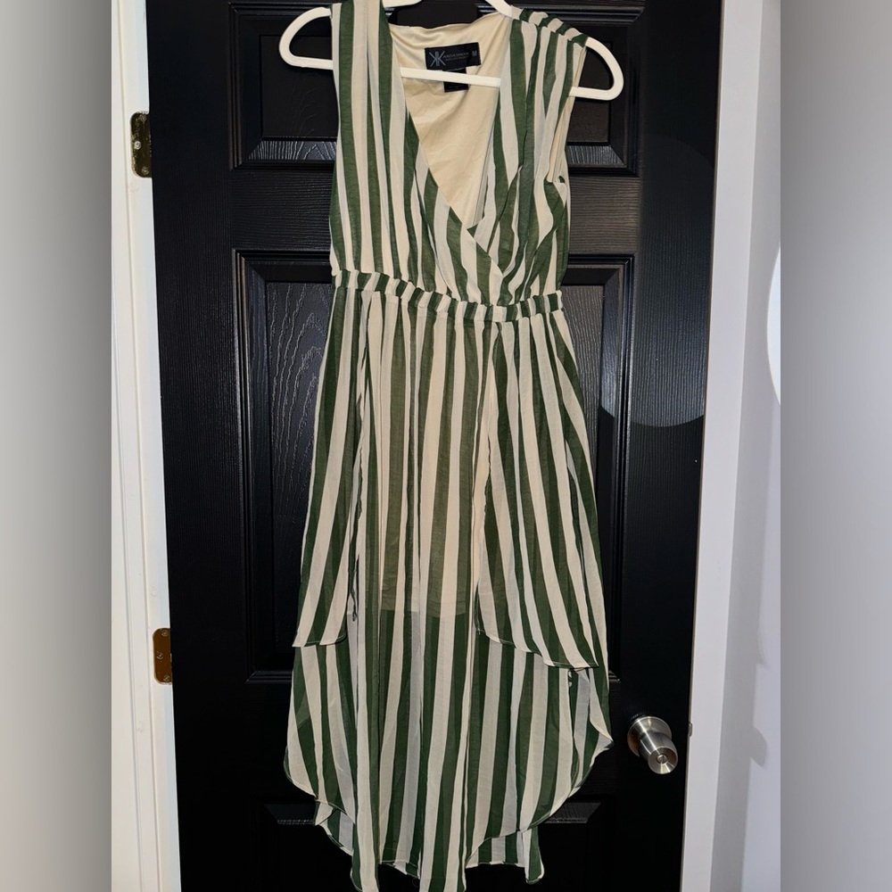 Kardashian collection green/cream striped hi-low dress - medium